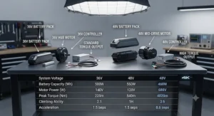 A comparison chart illustrating the higher torque output of a 48v system electric bike compared to a 36v model.