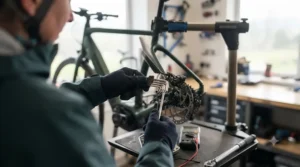 A rider adjusting the power settings on their electric bike to tailor their fitness workout intensity.