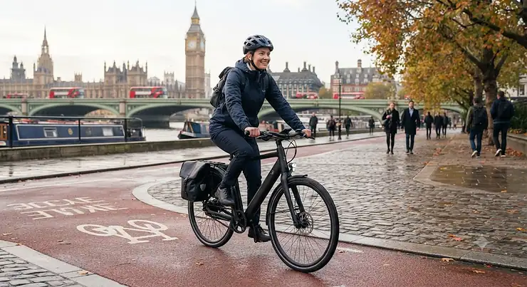 A sleek belt drive commuter ebike parked outside a London railway station during the morning rush hour. belt drive commuter ebike