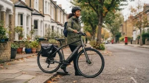 A cyclist enjoying the convenience of the walk assist feature while walking their electric bike home.