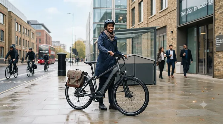 A sleek suspension commuter e-bike parked outside a London office building, highlighting its full-suspension frame for city riding. suspension commuter ebike