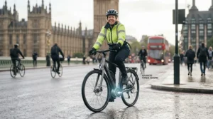 A modern commuter navigating London traffic on a high-performance torque-sensing electric bike.