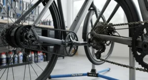Close-up comparison of a clean carbon belt drive versus a greasy traditional bicycle chain on an electric bike.