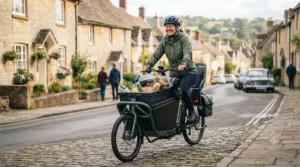 An e-bike cargo setup demonstrating how a 48v system electric bike torque assists with carrying heavy loads on city streets.