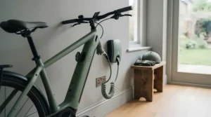An integrated battery e-bike being charged indoors via a standard wall outlet.