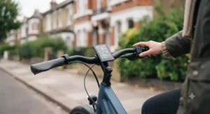 Close-up of a digital display showing battery level on a 36V electric bicycle.