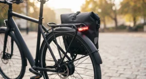 Rear pannier rack and fitted mudguards on a practical city ebike for daily urban commuting.