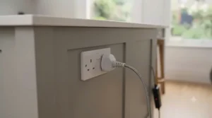 A standard British three-pin plug connected to a mains wall socket for e-bike charging.