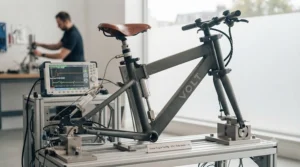 An ebike undergoing quality testing to ensure reliability across UK weather conditions.