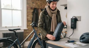 A 36V electric bike battery being charged safely at home in the UK.
