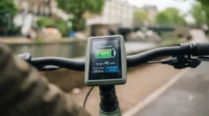 Handlebar-mounted display showing range and battery life for an integrated system.
