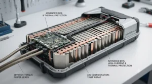 Close-up of a high-capacity lithium battery powering a 48v system electric bike for improved torque and range.