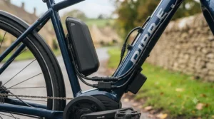 A technical diagram showing the wiring connection between two electric bike batteries and the controller on a frame.