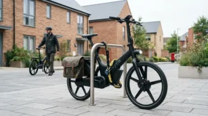 A high-security heavy-duty D-lock securing an electric bike to a cycle anchor point on a typical British urban street.