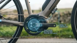 Close-up view of a torque sensor positioned within the bottom bracket of an electric bike.