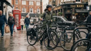 A commuter using the walk assist feature to navigate an electric bike through a busy London market.