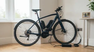 A home charging station showing a dual-battery electric bike plugged into a standard UK mains socket for overnight charging.