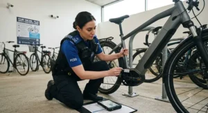 A cyclist reviewing home insurance policy documents on a laptop alongside their insured electric bike in a British home.