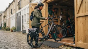 Using the walk assist function to manoeuvre an electric bike into a compact garden bike shed.