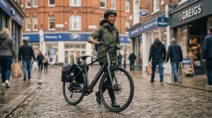 Side view of an electric bike with walk assist helping a rider navigate a crowded pedestrian area.