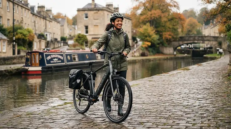 A rider pushing an electric bike with walk assist engaged along a UK canal path. electric bike with walk assist