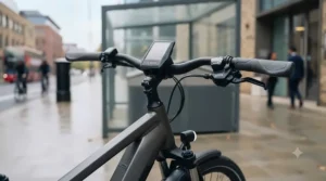 Close-up of the adjustable handlebars and display screen on a comfort-focused commuter electric bike.