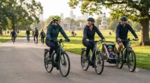 A family cycling through a local UK park on pedal-assist electric bikes to improve overall fitness.