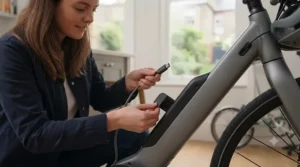 Close-up of a person opening the weather-sealed charging port on an integrated e-bike frame.