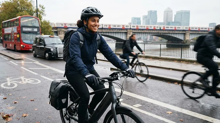 A sleek GPS-enabled commuter e-bike parked outside a London railway station, ideal for urban cycling in the UK. GPS enabled commuter ebike