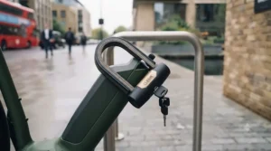 A high-security Sold Secure Gold D-lock fastening an electric bike frame to a cycle hoop in London.