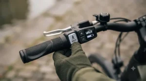 Close-up of a hand pressing the walk assist button on an electric bike handlebar controller.
