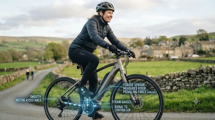 A diagram illustrating how an electric bike torque sensor detects pedal force to provide motor assistance. how torque sensing works electric bike