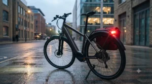 Close-up view of reliable hydraulic disc brakes on a high-performance suspension commuter e-bike wheel.