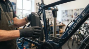 Close-up of a mechanic securely mounting a secondary external battery pack to the downtube of an electric mountain bike.