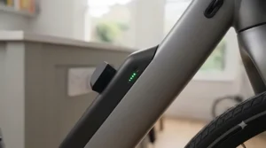 Close-up of green LED charge indicators illuminated on the side of an integrated e-bike battery frame.