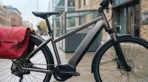 Side profile of a suspension commuter e-bike showing the neatly integrated downtube battery and mid-drive motor.