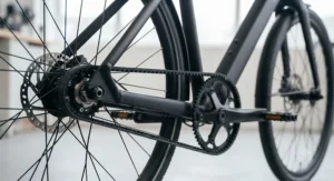 Protected internal hub gears on a commuter ebike designed to handle wet British weather conditions.