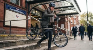 A compact, lightweight folding e-bike perfect for train travel and storage.