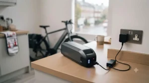 Charging the removable battery of a high-range GPS-enabled commuter e-bike inside a modern British apartment.