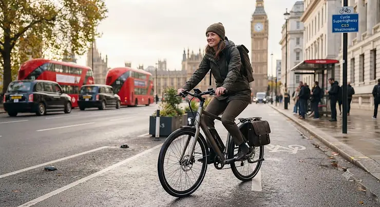 A rider on a 48v electric bike navigating a UK city street, representing top-rated 48v ebike brands. 48v ebike brands