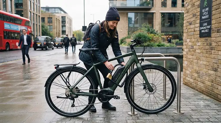 Cyclist locking up a secure electric bike on a London street, representing the most secure e-bike options available in the UK capital. most secure electric bike London