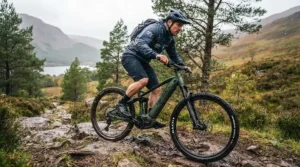 An electric mountain bike tackling rough terrain, showing superior 48v system electric bike torque performance.