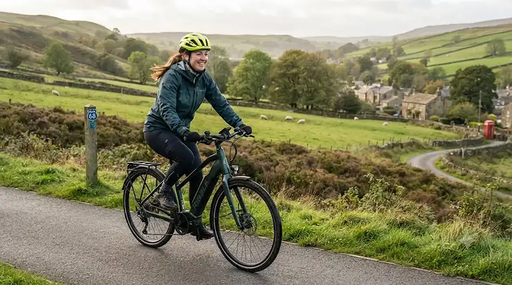 A cyclist enjoying a scenic ride on a pedal-assist electric bike for fitness on a British countryside trail. pedal assist electric bike for fitness