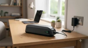Charging the removable lithium-ion battery of a commuter electric bike indoors at home or in an office.