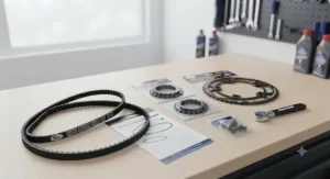 Replacement sprockets and a carbon fibre belt laid out on a workbench for electric bike servicing.