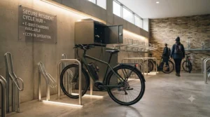 Secure underground electric bike parking hub and communal storage locker facility in a modern London residential development.