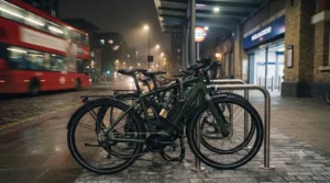 An electric bike securely locked and illuminated by streetlights outside a London tube station at night.