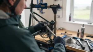 A mechanic performing a safety check on the brakes of a pedal-assist electric bike used for fitness.