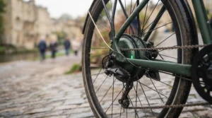 Close-up of the electric bike motor providing controlled support in walk mode.