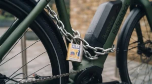 A security rating badge and heavy chain safeguarding an electric bike to meet UK insurance requirements in London.